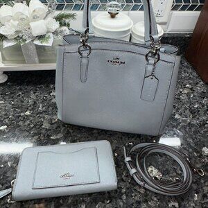 COACH MINETTA CROSSBODY GLITTER SILVER/PALE BLUE WITH MATCHING WALLET - F13683